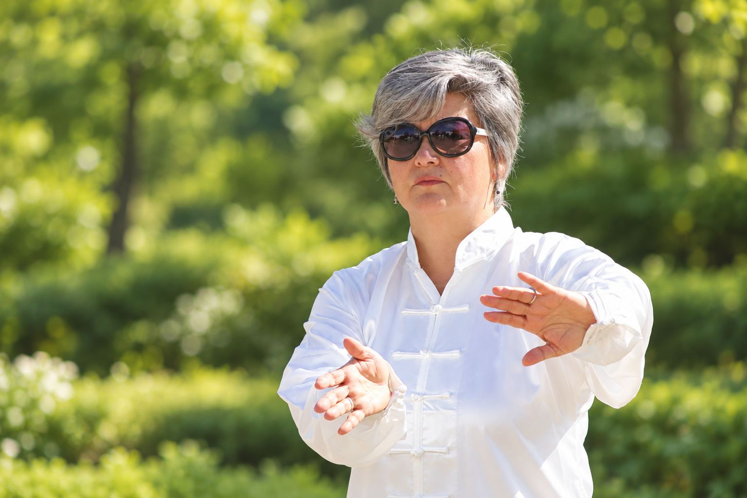 Maria Tong practicing Tai Chi in a white uniform against a garden background