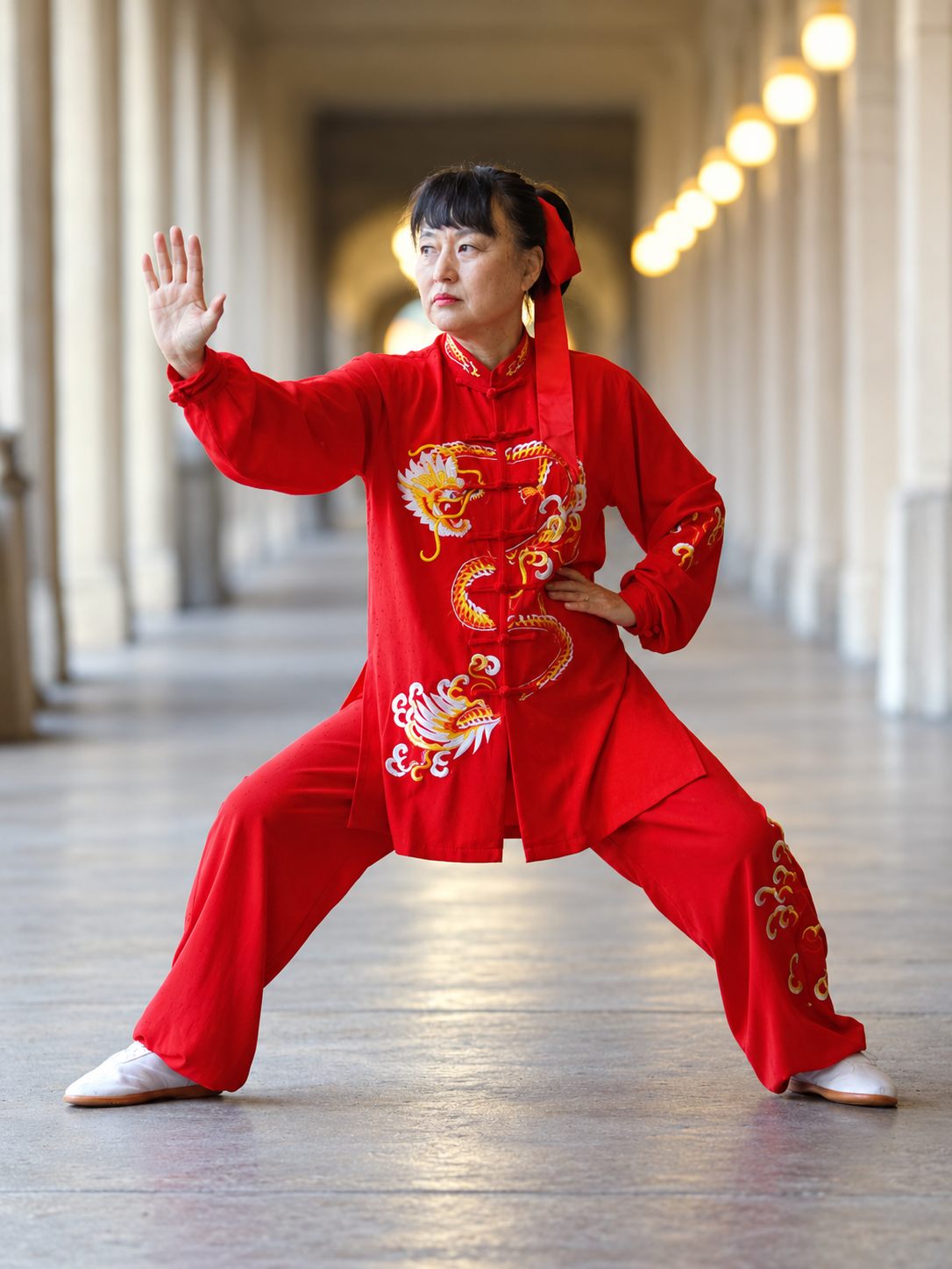 Hee Jeong Han practicing Tai Chi in a red embroidered uniform
